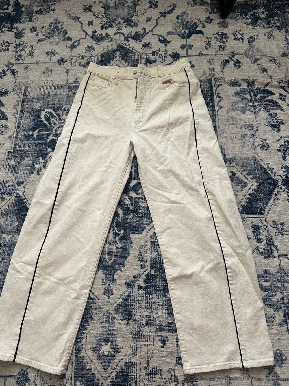 MOTHER Cream Wide-Leg Jeans with Black Side Piping